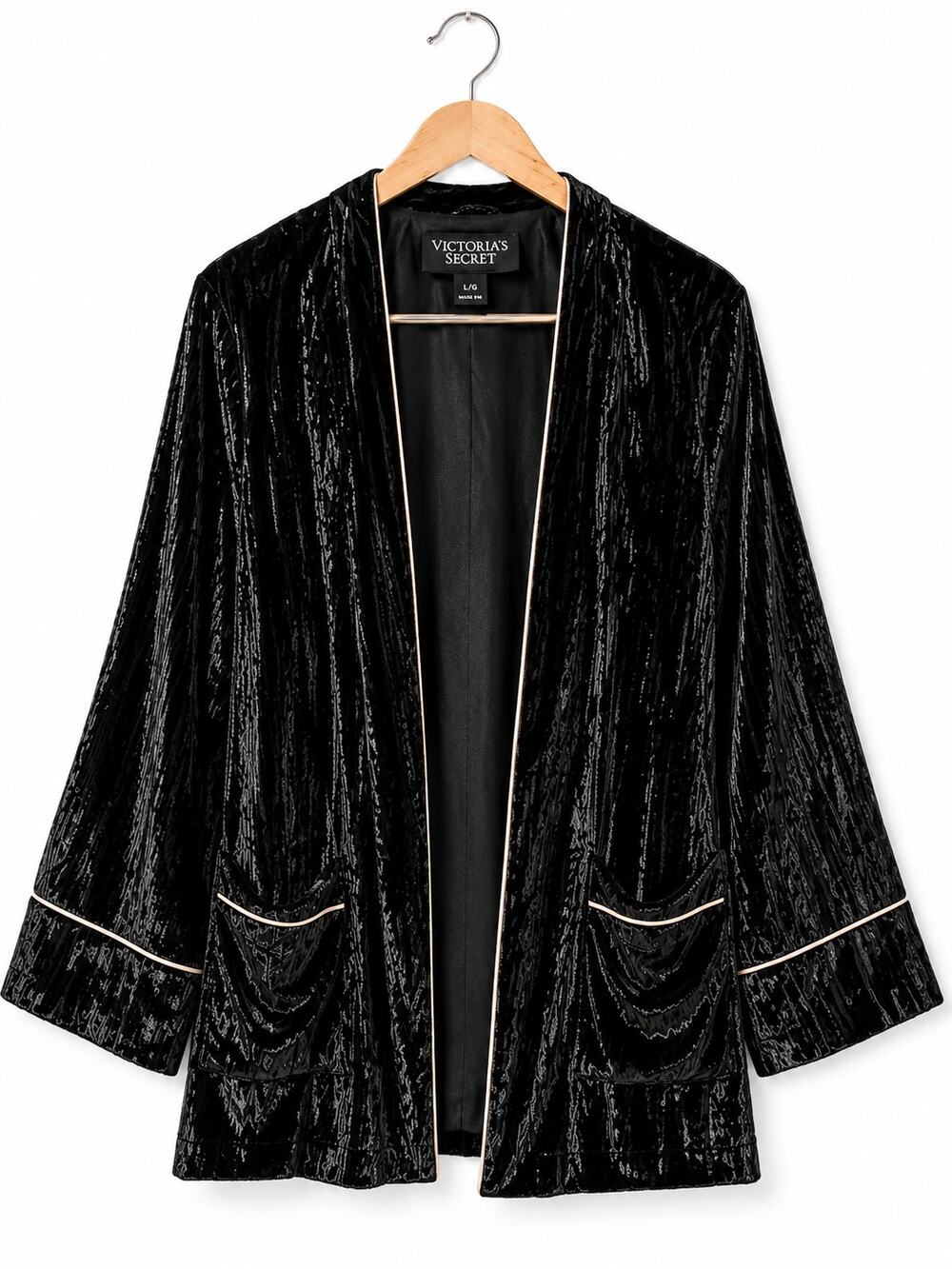 Victoria's Secret Crushed Velvet Kimono Robe Black Open Front Size L